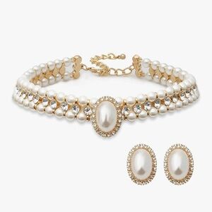 NEW Twisted Gold Tone Chunky Glass Statement Pearl Necklace and Earring set